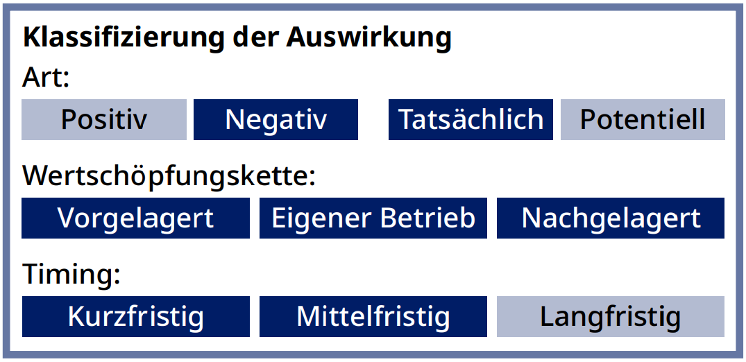 Infokasten zur Klassifizierung der Auswirkung: Art negativ, tatsächlich; Wertschöpfungskette vorgelagert, eigener Betrieb, nachgelagert; Timing kurzfristig, mittelfristig.